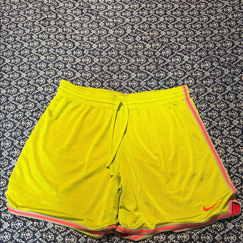 Nike Women's Neon Yellow Athletic Shorts with Pink Edge